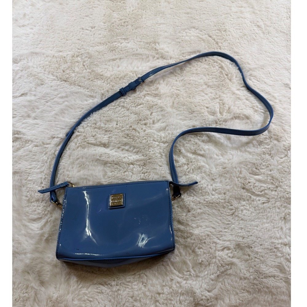 Dooney & Bourke Crossbody Bag Blue Patent Leather Glossy Gold Purse Minimalist